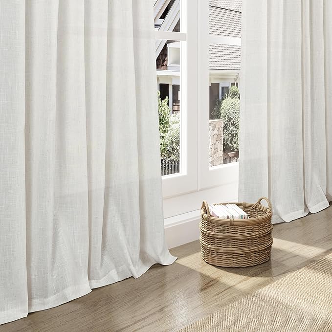 Nanspring Natural Linen Curtains for Living Room 92 Inches Long Rustic Farmhouse Decor Light Filtering Semi Sheer Curtain Back Tab and Rod Pocket Luxury Drapes for Bedroom Office 52x92, 2 Panels