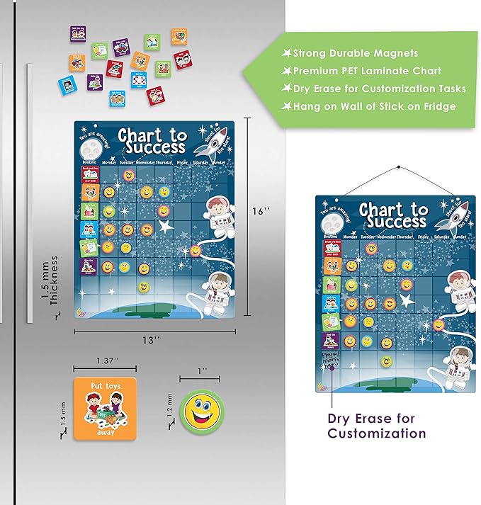 Chart to Success| Magnetic Dry Erase| Daily Routine Responsibility Chore Chart for Kids| 80 Emojis| 70 Tasks, Including Behavior and Self-Care| Fun Design for Both Boys and Girls| Raising a Star