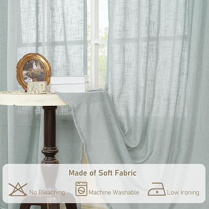 LAMIT Sheer Linen Curtains 63 inches Long for Bedroom, Back Tab and Rod Pocket Linen Drapes Light Filtering Semi Sheer Curtains for Small Window/Farmhouse, 2 Panels (38 x 63 Inch, Greyish Blue)