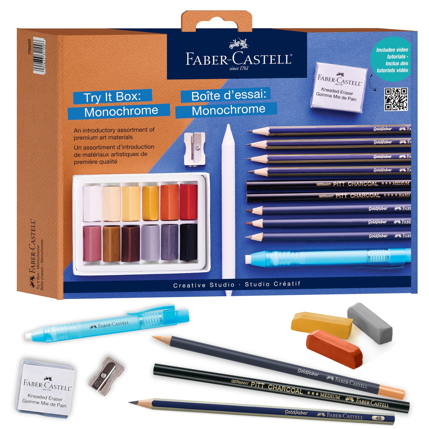 Faber-Castell Try It Box: Monochrome, 27 Piece Drawing Art Kit featuring Colored Pencils, Graphite, and Charcoal Pencils, Professional Art Supplies for Adults, Teens, and Beginners