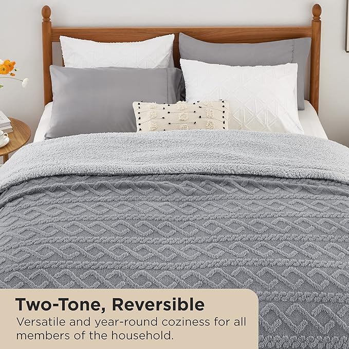 Bedsure Sherpa King Size Blanket for Bed- Fleece Soft Cozy Fuzzy Cable Blankets for Women, Thick Warm for Winter and All Seasons, Grey, 108x90 Inches