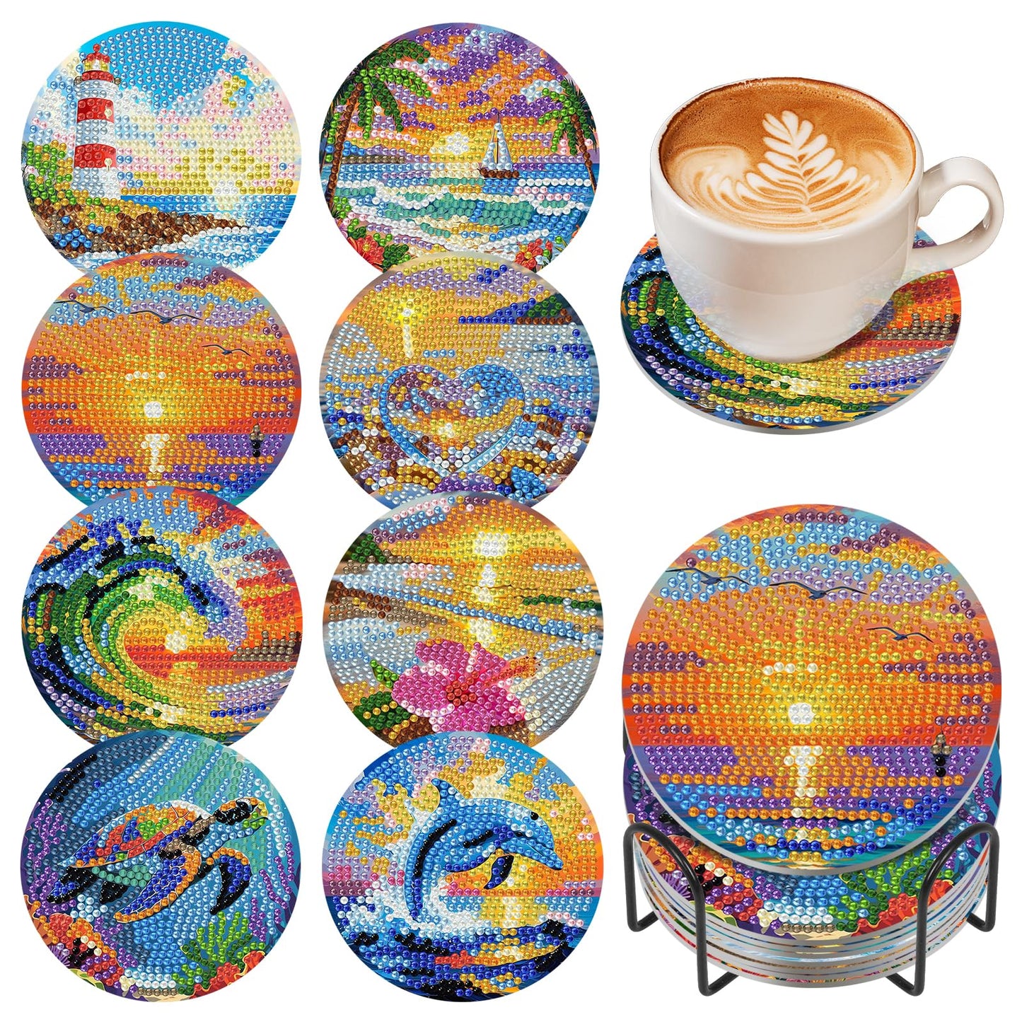 8 Pcs Beach Diamond Art Coasters Kit with Holder for Adults, DIY Diamond Painting Coasters with Cork Backing, Non-Slip Ocean Gem Art Coaster for Home Decor & Gifts