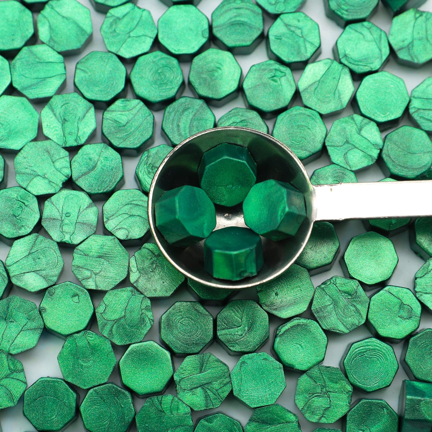 SWANGSA 360 Pieces Metallic Green Sealing Wax Beads Kit with 2 Pieces Tea Candles and 1 Piece Wax Melting Spoon for Wax Seal Stamp (Metallic Green)