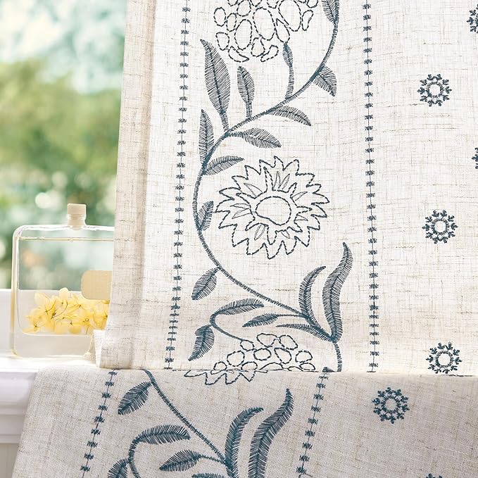 jinchan Winslow Linen Curtains 54 Inch Length Small Window Curtains Embroidered Bordered Floral Drapes Light Filtering for Bathroom Laundry Room Kitchen Farmhouse Decor Blue on Beige 2 Panels