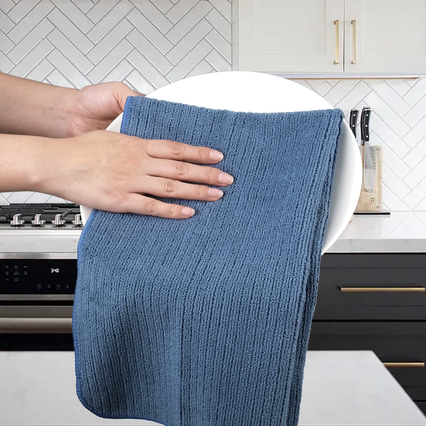 POLYTE Premium Microfiber All-Purpose Ribbed Terry Kitchen Towel, 12 Pack (Blue, Gray, Teal, 16x28 in)