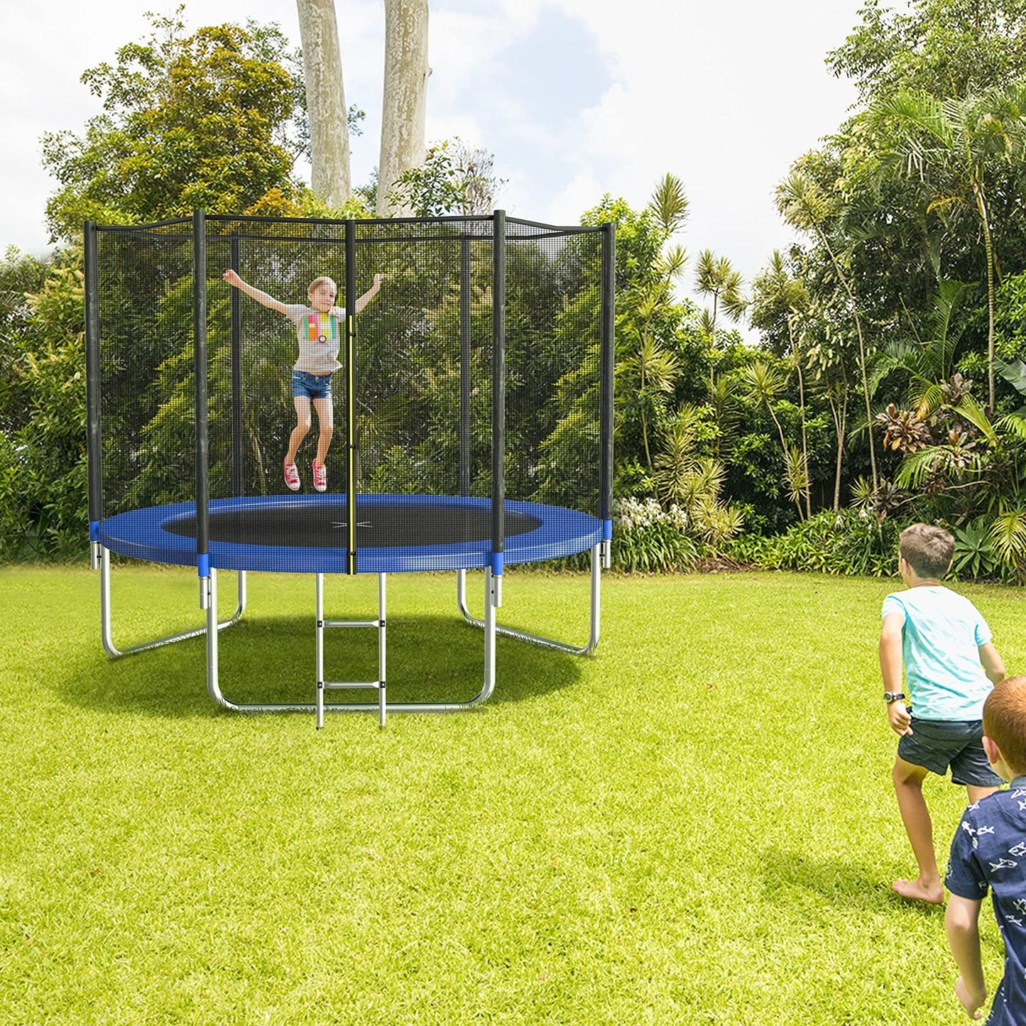 AOTOB 8 FT Trampoline Safety Enclosure Net Combo Bounce Jump for Kids Outdoor with Spring Pad Jump Mat & Ladder