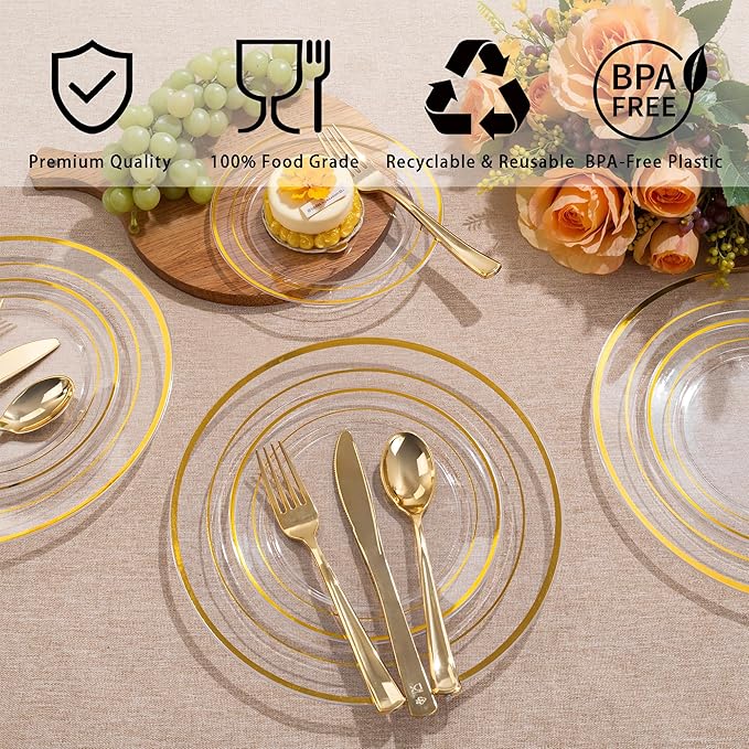 100PCS Clear Plastic Plates, 10 Inch Thanksgiving Plates Disposable Dinner Plate Party with Gold Rim, Heavy Duty Disposable Plastic Plate for Party, Wedding and Birthday