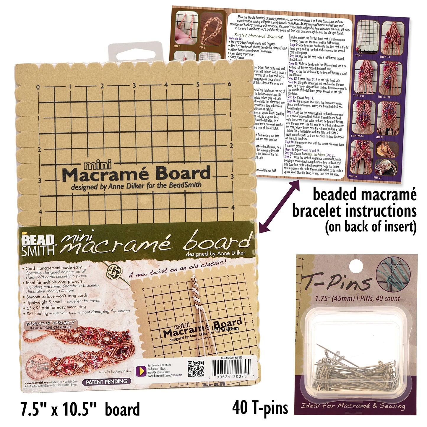 The Beadsmith Mini Macrame Combo - Bead Board 7.5 x 10.5 inches - Box of 40 T-pins 1.75 inches - Bracelet Project & Instructions Included - Ideal for securing & creating Macrame and Knotting Creations