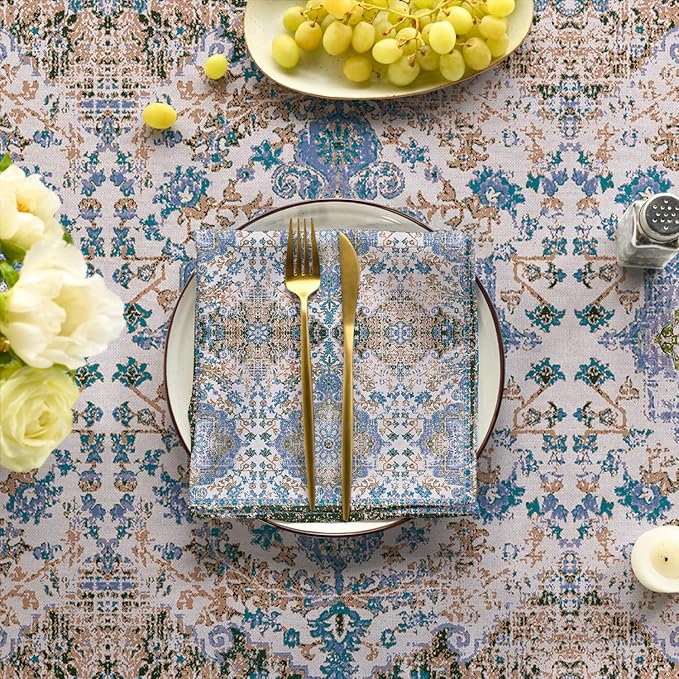 Horaldaily Boho Bohemia Style Tablecloth 60×60 Inch Square, Blue Vintage Country Rustic Farmhouse Magical Fall Orange Washable Seasonal Table Cover for Party Picnic Dinner Decor