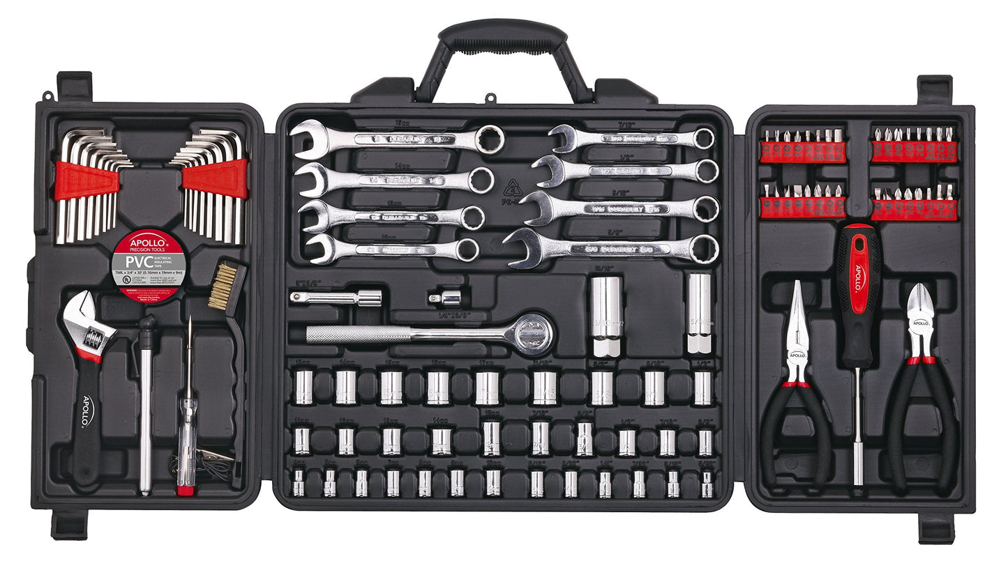 Apollo Tools 101 Piece Mechanic Tool Set for Roadside Emergencies. SAE and Metric for Mechanical Repairs for Boating, RV, Bikes, in Compact Carrying Case - Red - DT0006