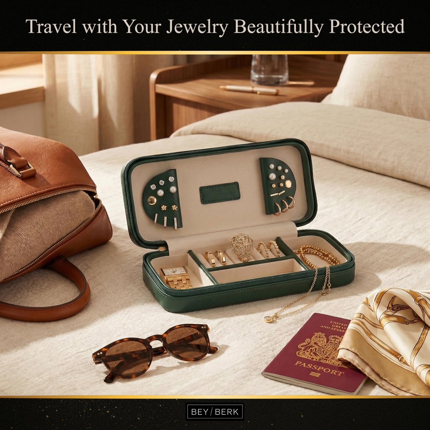 Bey-Berk Diamond-Quilted Leather Travel Jewelry Case, Green, 9" x 4" x 1.75"