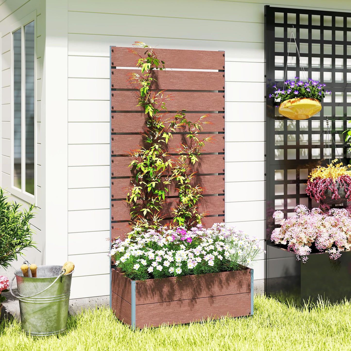 Outsunny Raised Garden Bed with Trellis for Climbing Plants, Planter Box with Self Draining Gap, Freestanding Trellis Planter for Outdoor, Patio, Deck, 28.25" x 15" x 59", Brown