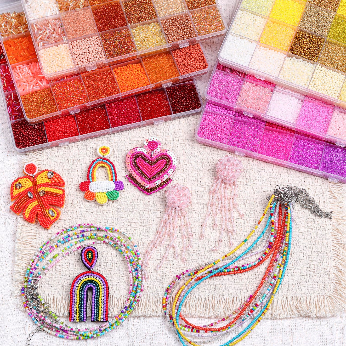 50850pcs 144 Colors 2mm Seed Beads Kit for Jewelry Making,6 Boxes Mini Glass Embroidery Beads with 7x2mm Tube Bugle Bead for DIY Bracelets, Necklaces, and Crafts