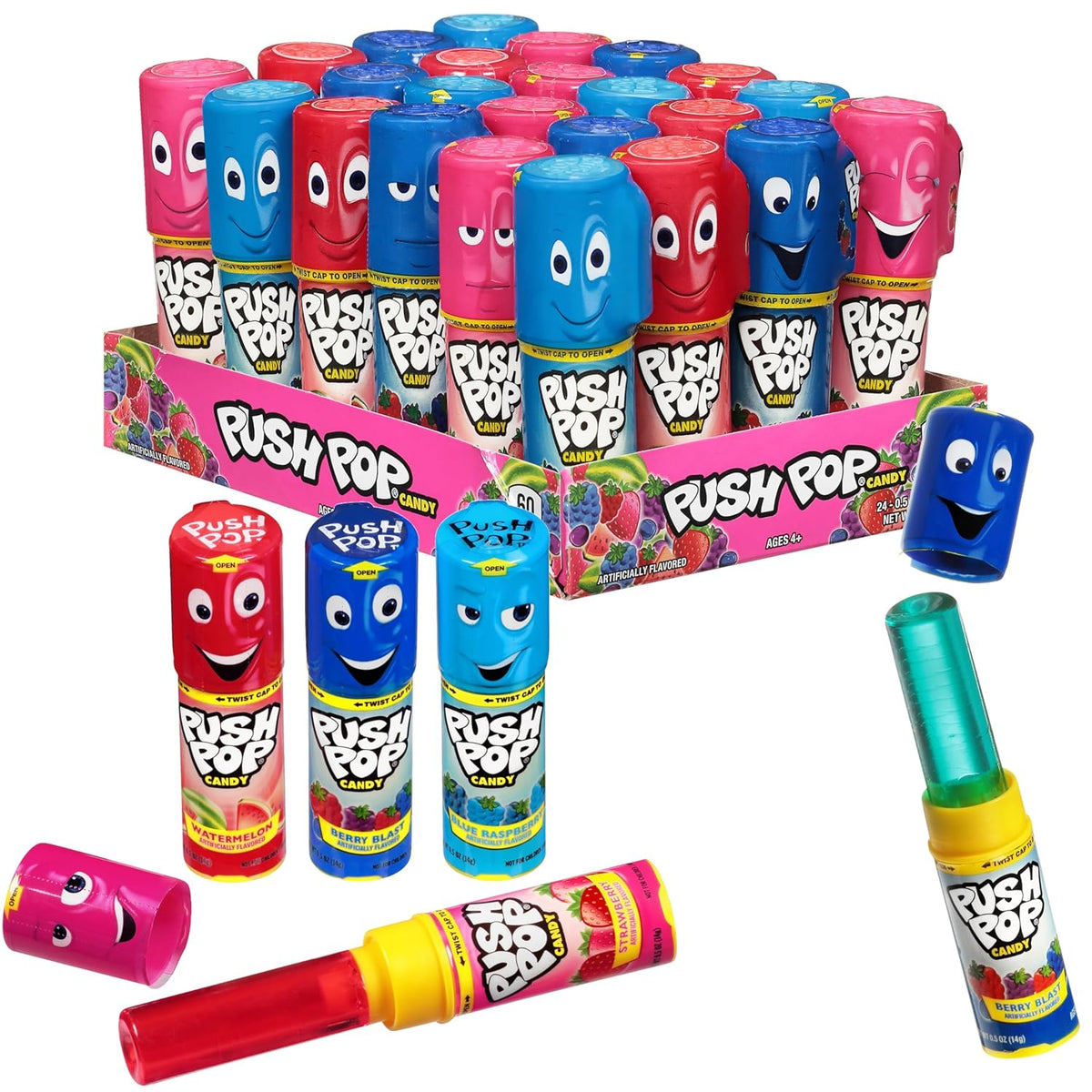 Push Pop Christmas Candy Variety Pack, 24Ct Bulk Individually Wrapped Lollipops for Party Favors, Assorted Flavors, Full Size, Fun Hard Candy For Birthdays, Holiday Parties, Stocking Stuffers, Gifts