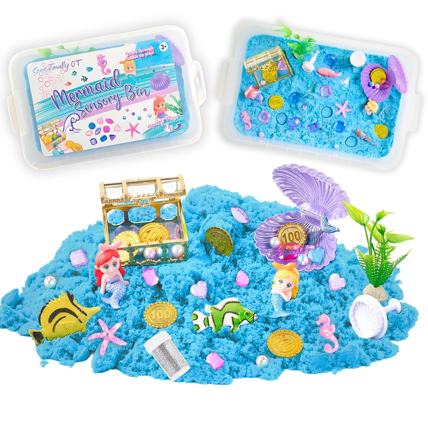 Sensationally OT 38 PCS Mermaid Sensory Bin with 2 lb Magic Sand, Ocean Molds & Treasure Accessories – Creative Sand Play Gift for Girls Ages 3–8