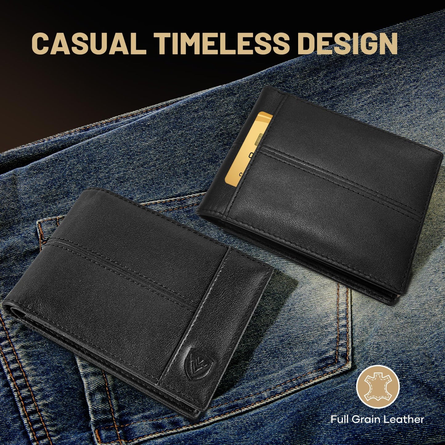 VEESKYE Full Grain Leather Wallet for Men | RFID Blocking | Extra Capacity Bifold Wallet with ID Windows | Ultra Strong Stitching | Slim Billfold with 8 Card Slots | Gift for Him Black