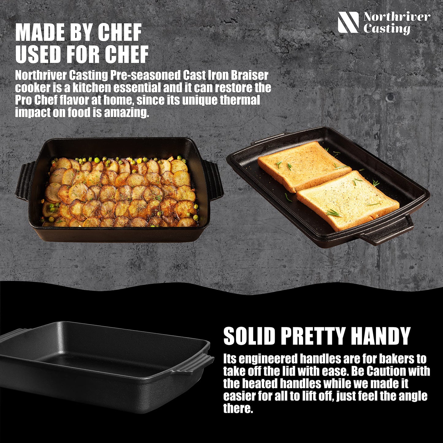 Northriver Casting 2-In-1 Pre Seasoned Cast Iron Dutch Oven With Skillet Lid,Casserole Dish,Rectangular Baking Pan,Griddle Pot Set, 6QT, 9"x13"