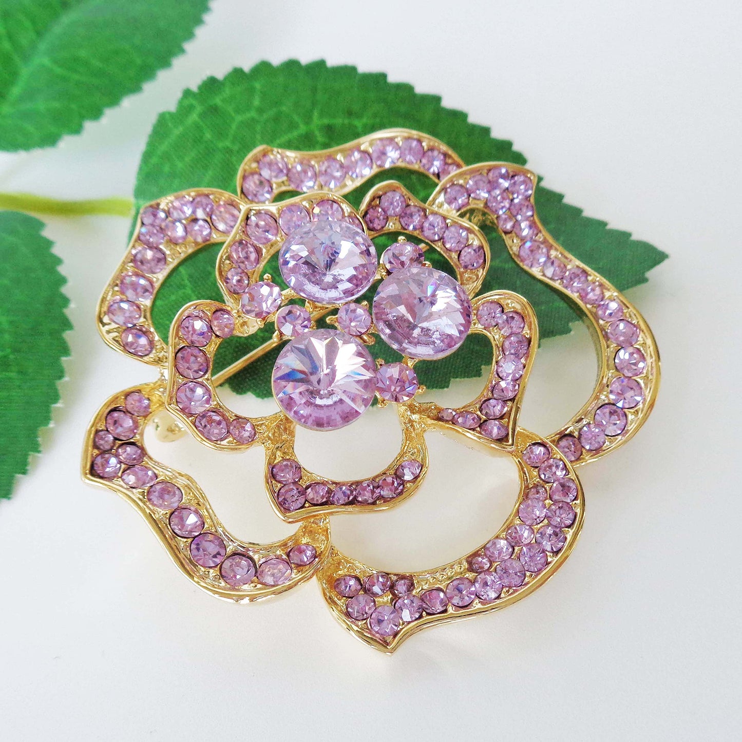 Navachi 18k Gold Plated Purple Crystal Blooming Rose Flower Az7439b Brooch pins
