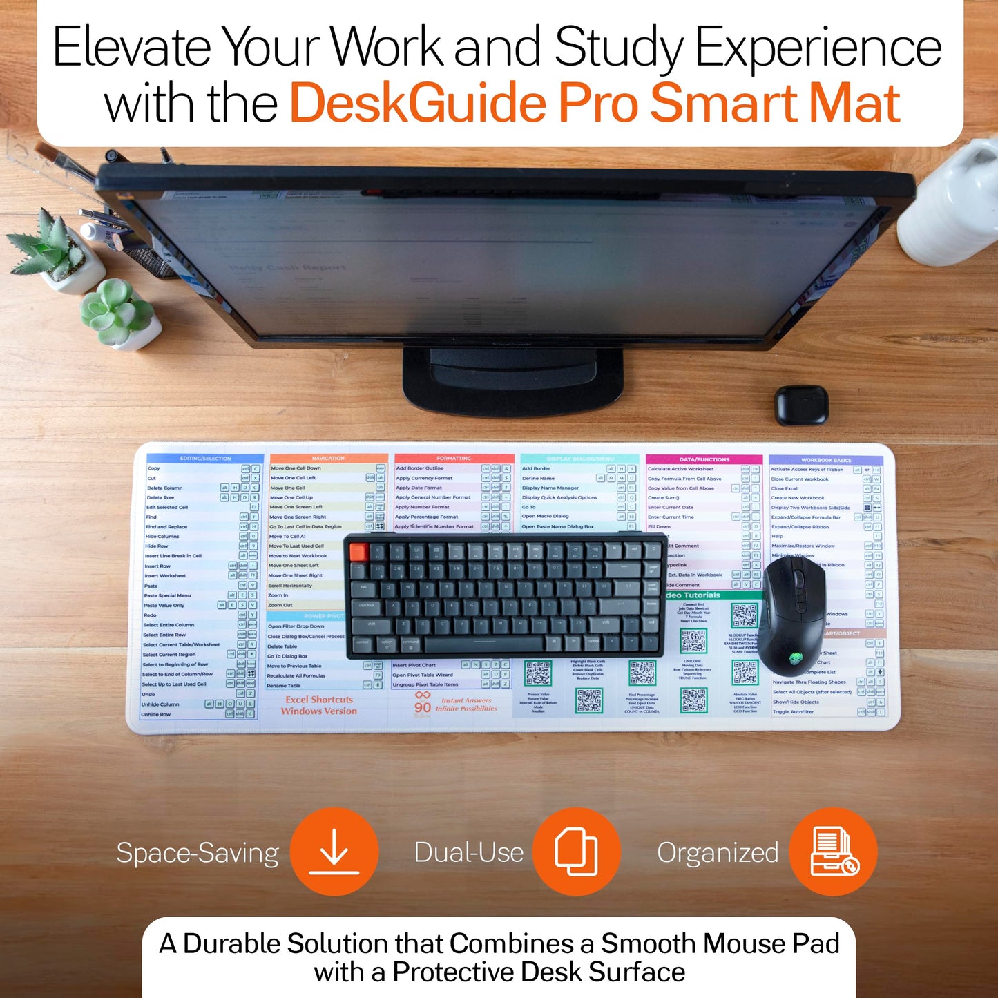 Excel Cheat Sheet Desk Pad - DeskGuide Pro Mouse Pad with 100+ QR Video Tutorials - Excel Shortcuts & Formulas - Large 31.5" x 11.8" Keyboard Mat for Office Desk Accessories