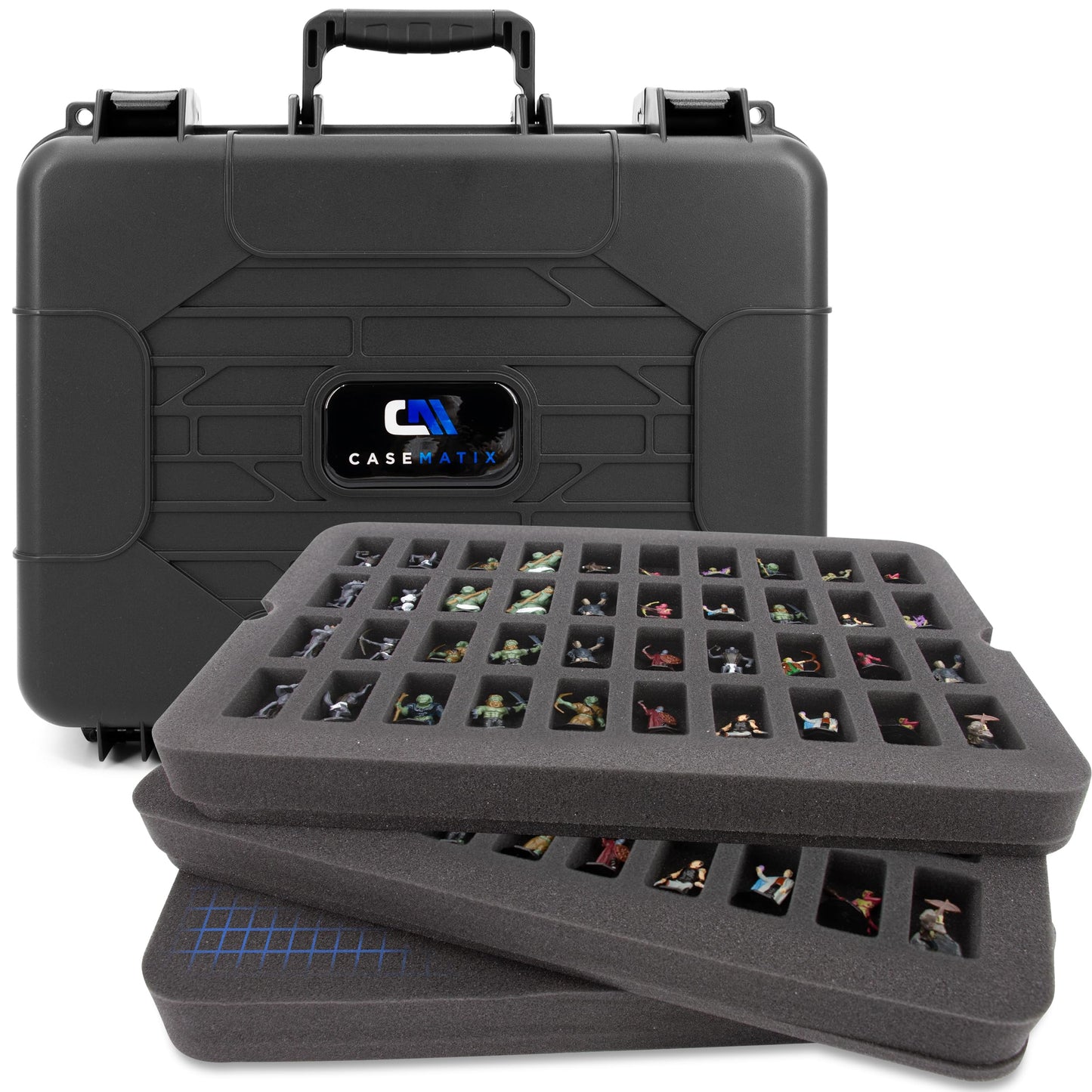 CASEMATIX Hard Shell Miniature Carrying Case - 80 Slot Figurine Miniature Storage Case with Customizable Foam Layer for Large Miniatures Compatible with Warhammer 40k, DnD & More!