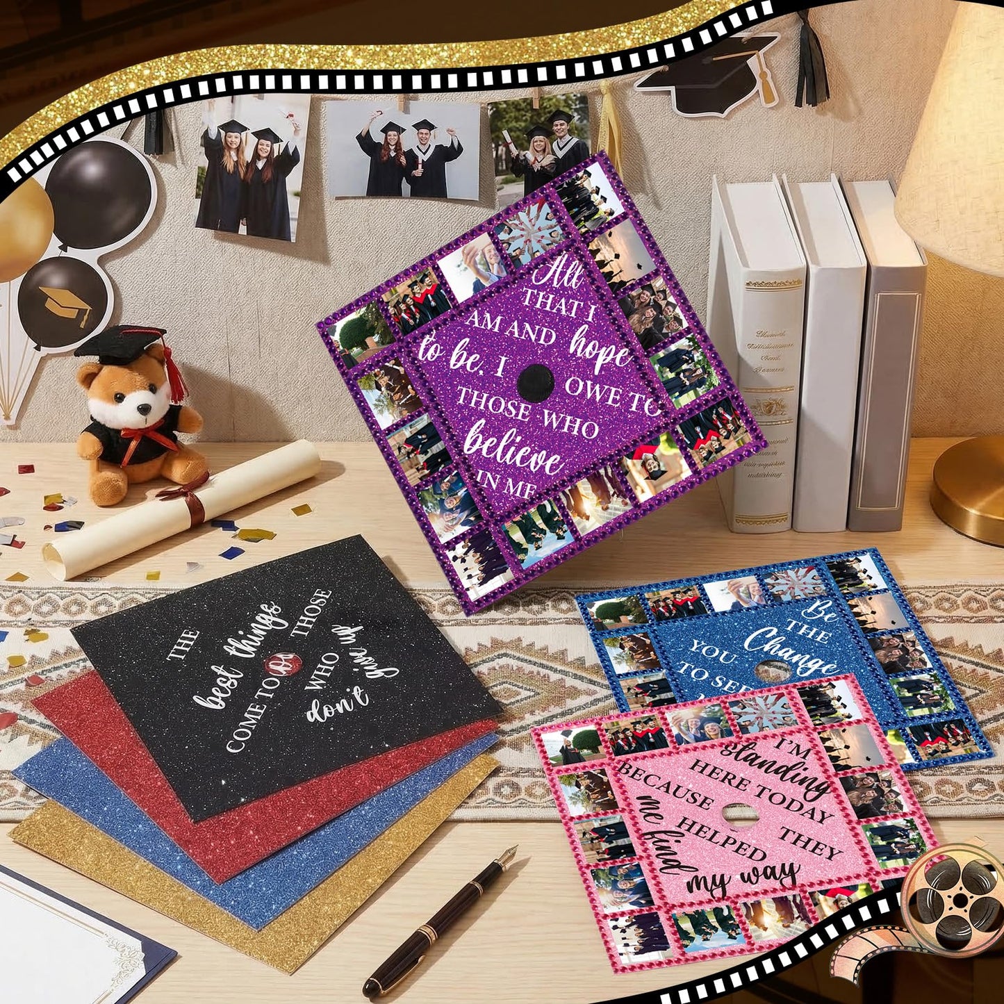 Gersoniel 14 Pcs DIY Photo Graduation Cap Topper Decorations with 7 Sheet Pearl Stickers 2026 Personalized Glitter Printed Design Inspirational Cap Topper Decal for Graduation Craft Accessories Decor