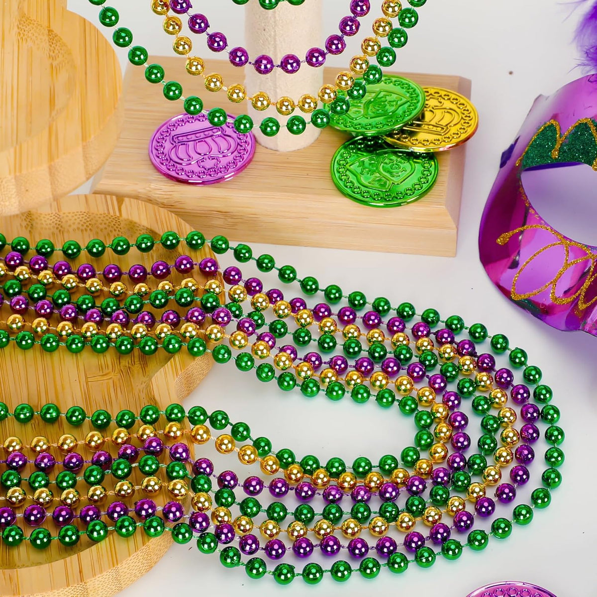 144PCS Mardi Gras Beads, Mardi Gras Green Purple Gold Metallic Necklaces Accessories Bulk, Mardi Gras Beads Necklace Costumes for Parade Throws Party Decorations Favor Supplies