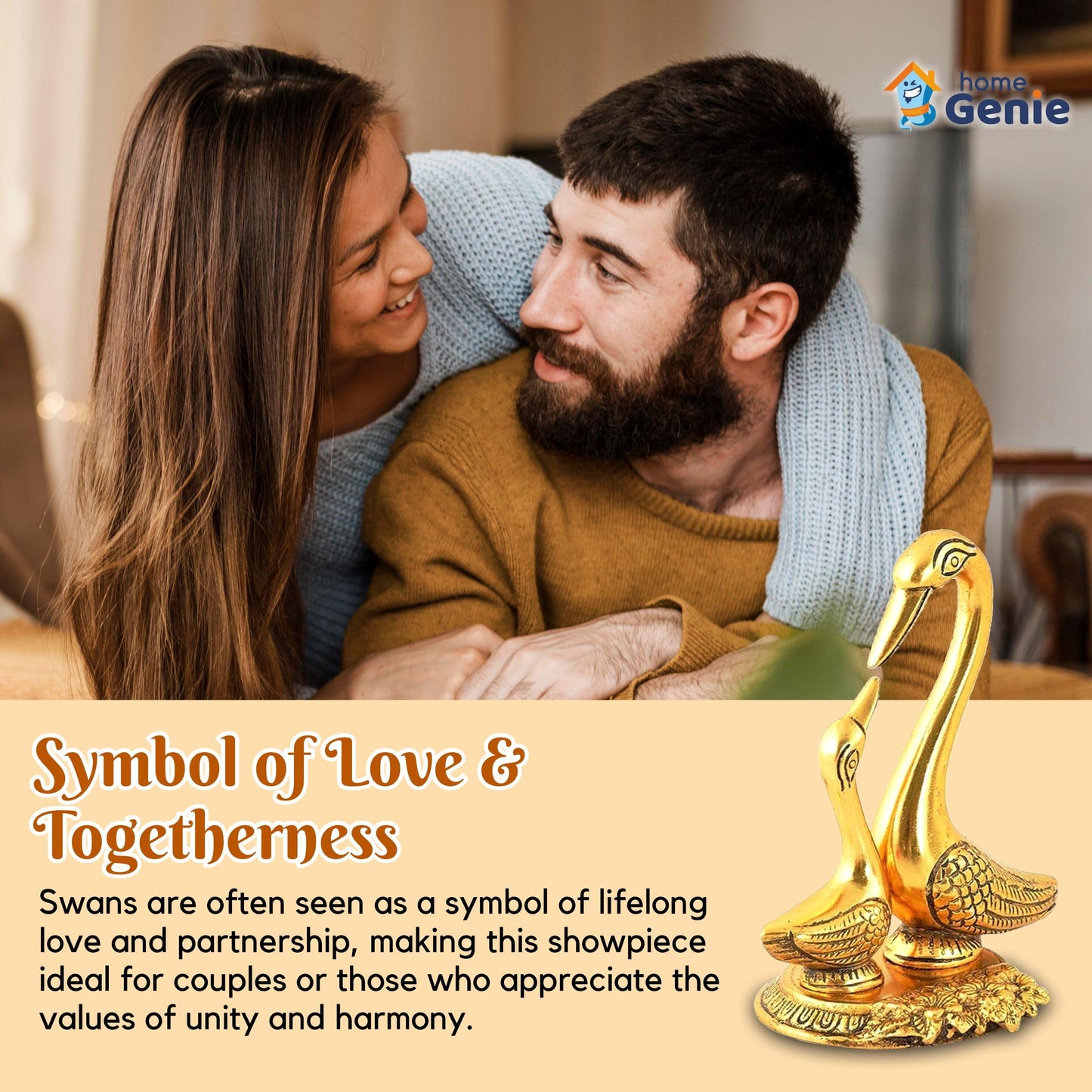 Home Genie "Golden Swan Pair Showpiece | Handcrafted Symbol of Love & Harmony | Elegant Home & Office Decor