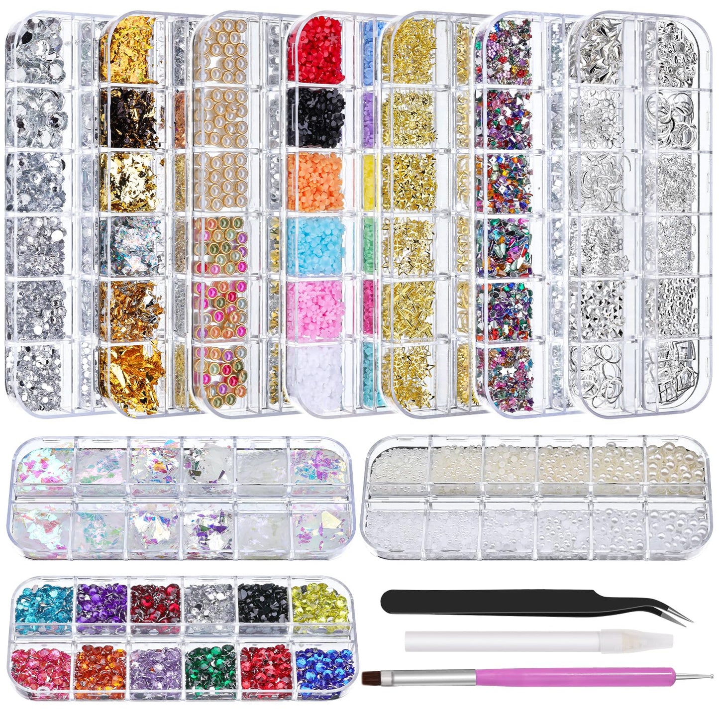 10 Boxes Nail Rhinestones Gems Kit,Gold/Silver Metal Studs,Mixed Sizes Flatback Crystals Rhinestones,Half Pearls,Sequins,Foil Flakes with Tweezers & Dotting Tools for DIY Manicure