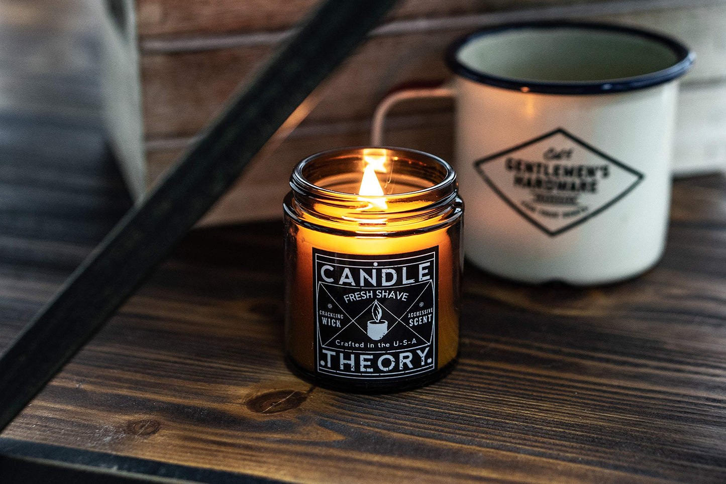 Candle Theory Man Cave Stuff Men 4oz Candles Set of 3, Crackling Woodwick Masculine Scent, Warm Tobacco Cigar, Smoked Suede, Fresh Shave
