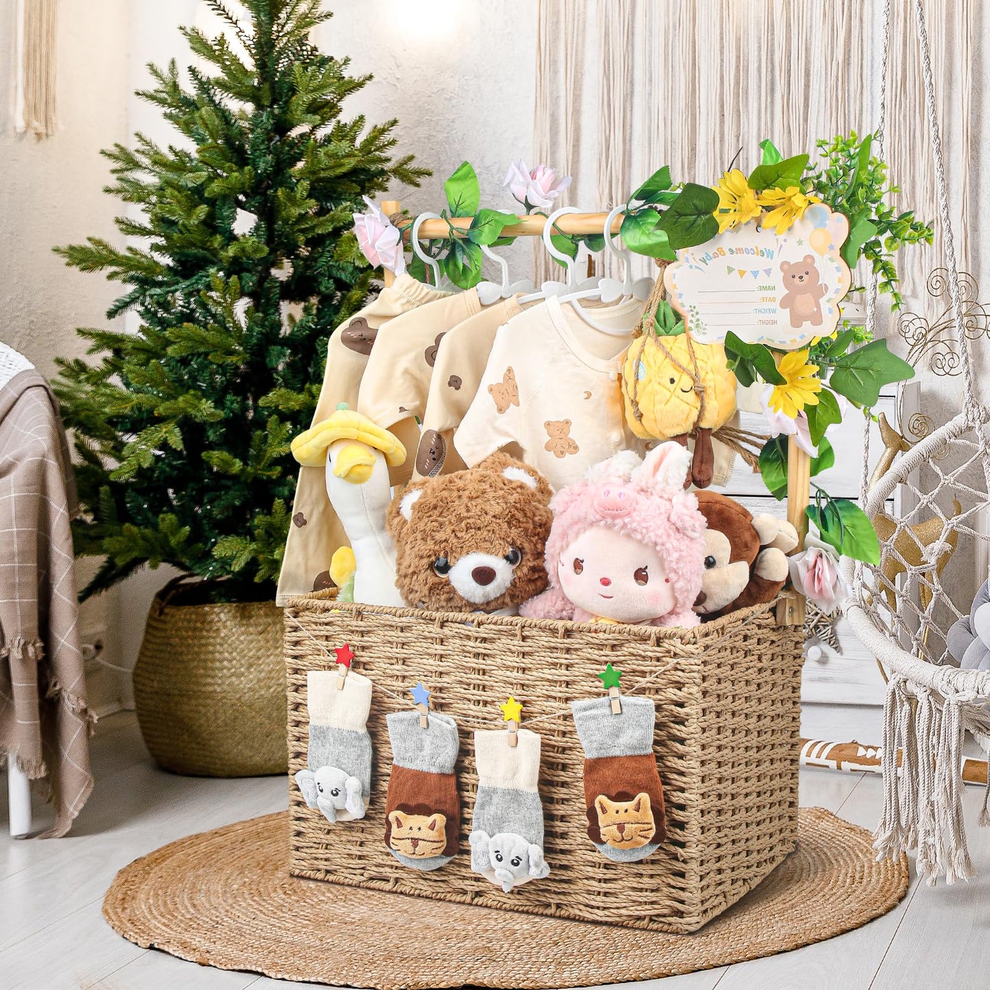 Wisreach Wooden Woven Baby Shower Crate – Foldable Storage Basket with Handles, Handwoven Gift Box for Baby Shower & Newborn Essentials, Welcome Gift for Baby Shower, Newborn Boys Girls