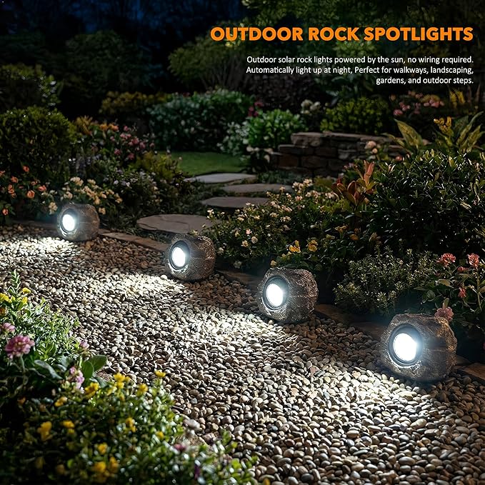 Solar Rock Lights Outdoor Garden Waterproof - Super Bright LED Solar Spotlights, Solar Powered Landscape Path Decorative Garden Stone Lights for Pathway, Walkway, Yard, Patio (4 Pack)