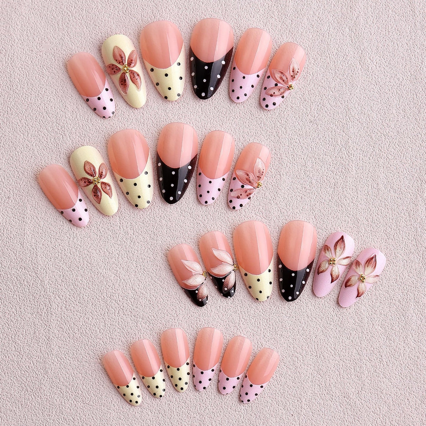 Almond Press on Nails Long Fake Nails French Artificial Nail Pink Flowers Handmade Stick on Nail for Women 24pcs