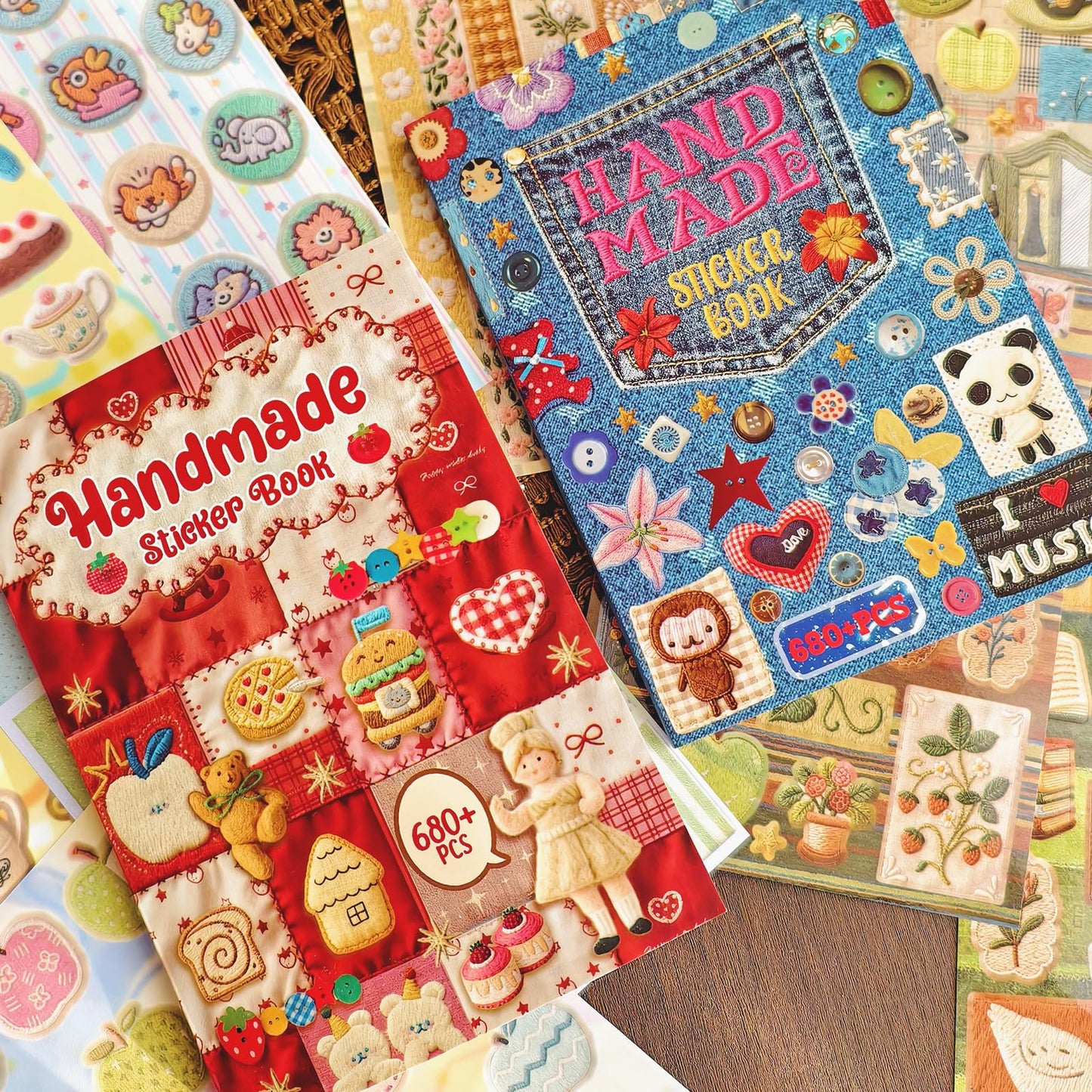 PRSTINCOL 2 in 1 Japanese Sticker Book Combo Set with Red and Blue Patterned Die Cut Stickers 60 Sheets for Journaling