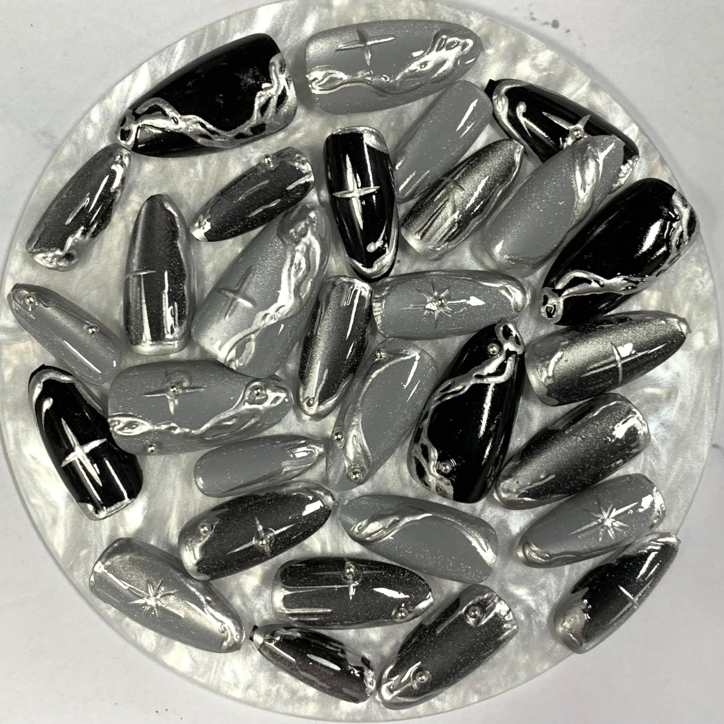 BABALAL Press On Nails Medium Almond, Black Cat Eye Fake Nails, Silver Chrome Gothic, Y2k Star, 24Pcs Acrylic False Nails