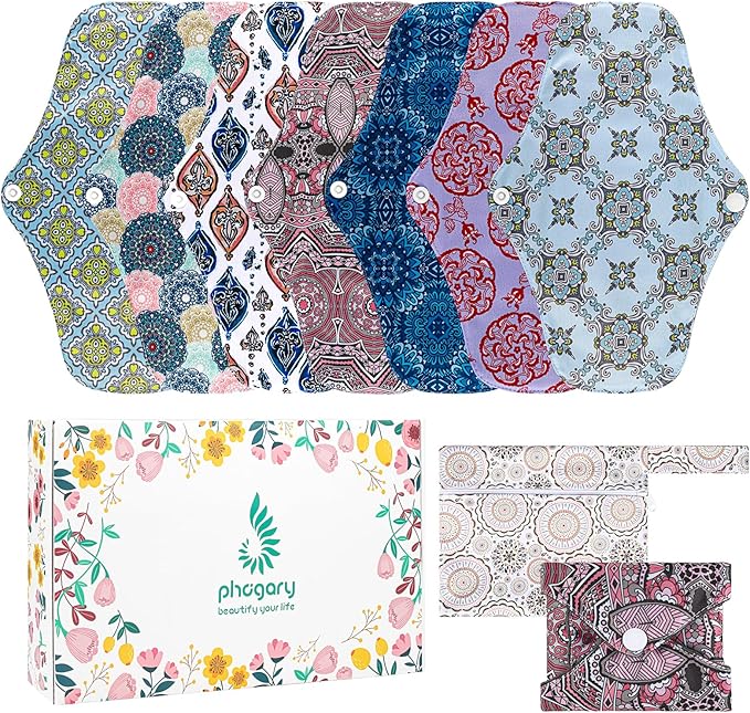 PHOGARY Reusable Menstrual Pads, 7 Pieces Bamboo Cloth Pads for Heavy Flow with Wet Bag, Large Sanitary Pads Set with Wings for Women, Washable Overnight Cloth Panty Liners Period Pads
