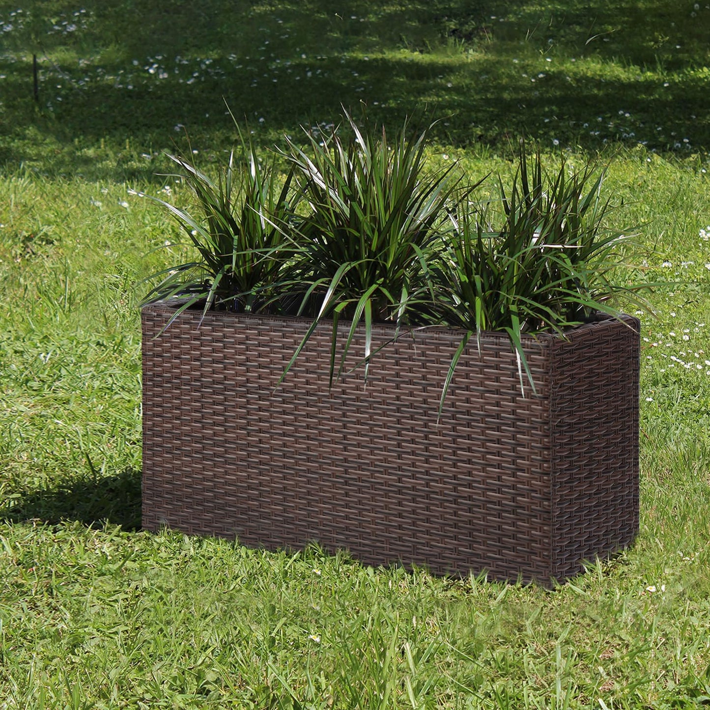 SUNNYPARK Brown Rectangular Planter Box All-Weather PE Rattan Large Modern Planters with Removable Liner Indoor Outdoor Decorative Flower Pot for Patio, Balcony, Garden