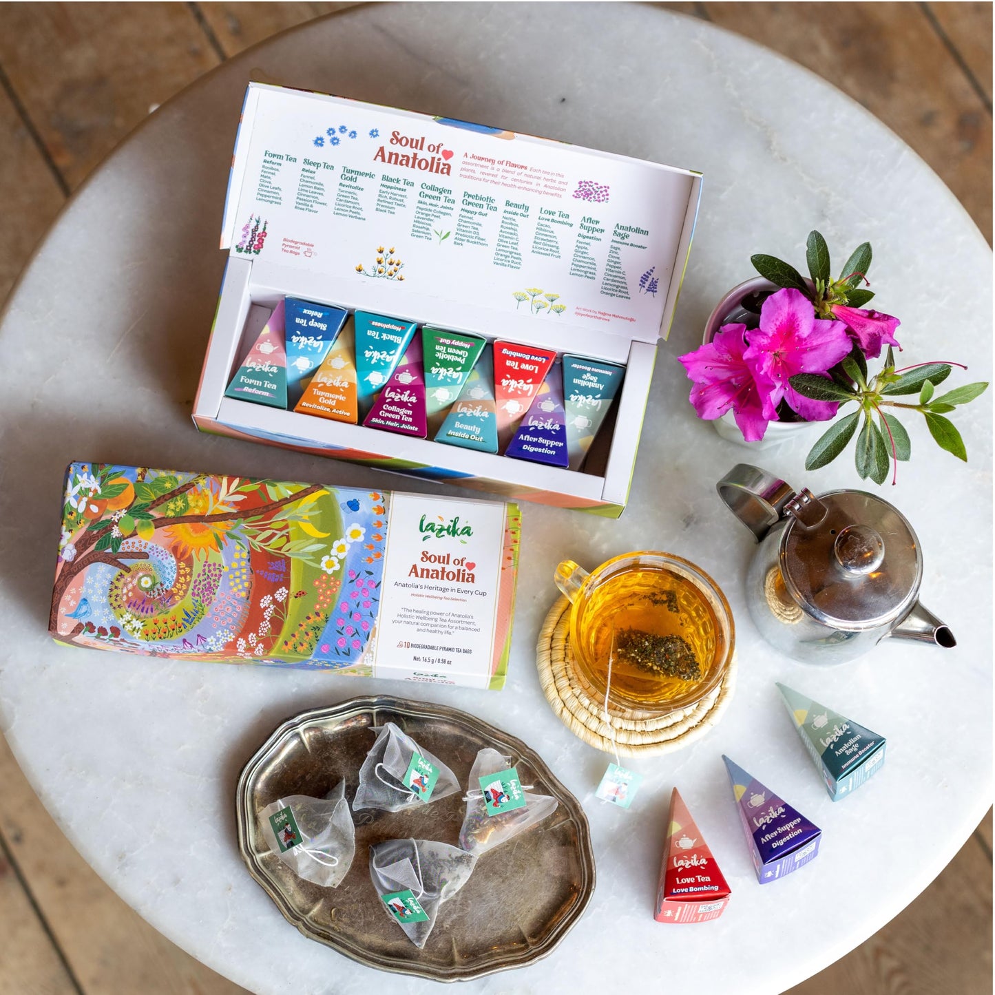 Lazika Tea Sampler with Lovely Presentation Box, 10 Counts, 2 of Each Blend Individually Wrapped, Black, Green and Herbal Tea Variety Gift Set, Premium Collection with Pyramid Infuser Bag, Handcrafted