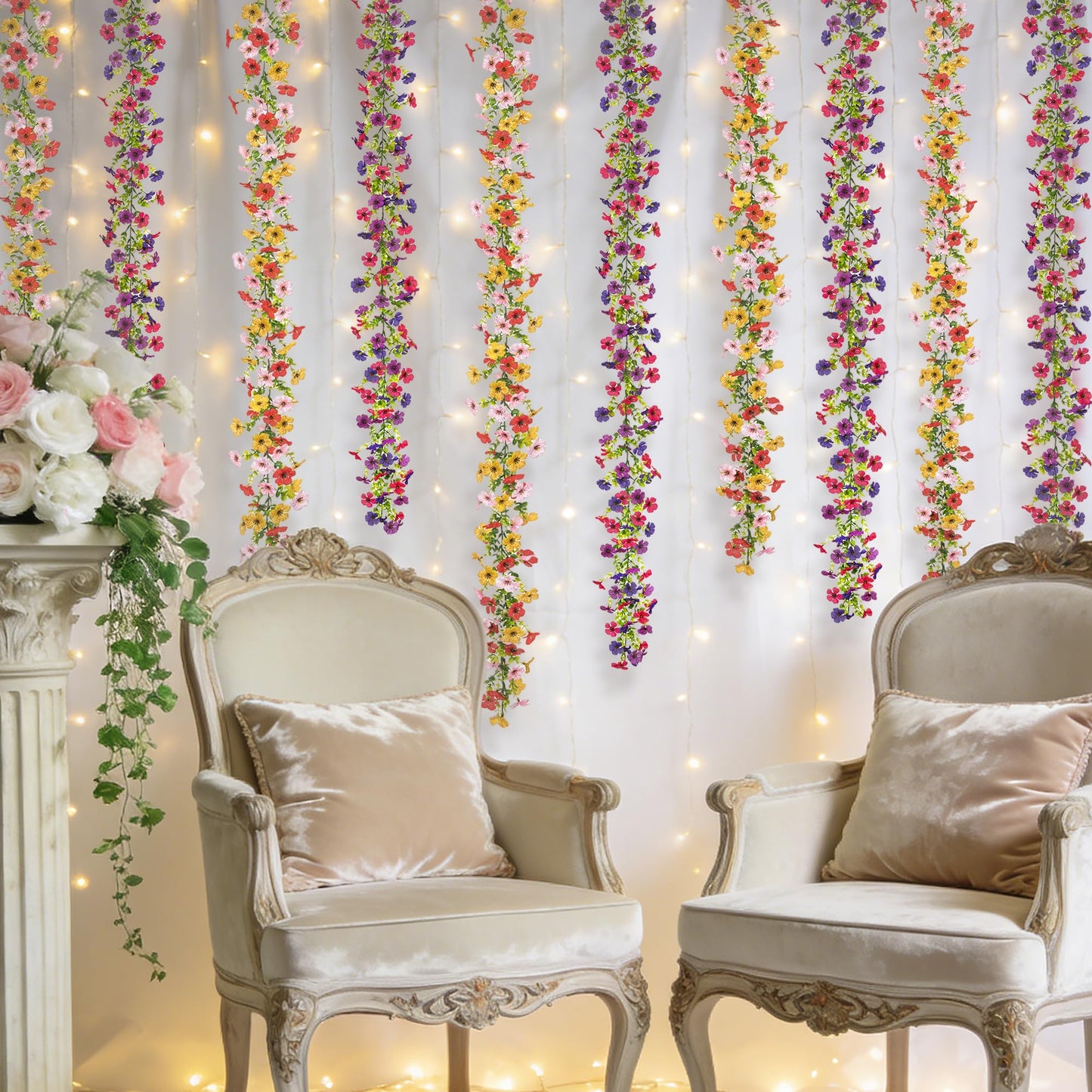 Ammyoo Artificial Flowers Garland Ivy, 4 Pack 5.9 FT Spring Summer Decor UV Resistant Fake Mums Floral Vine Silk Daisy Hanging Flower for Home Garden Wedding Decor Photo Booth Backdrop(Mix)