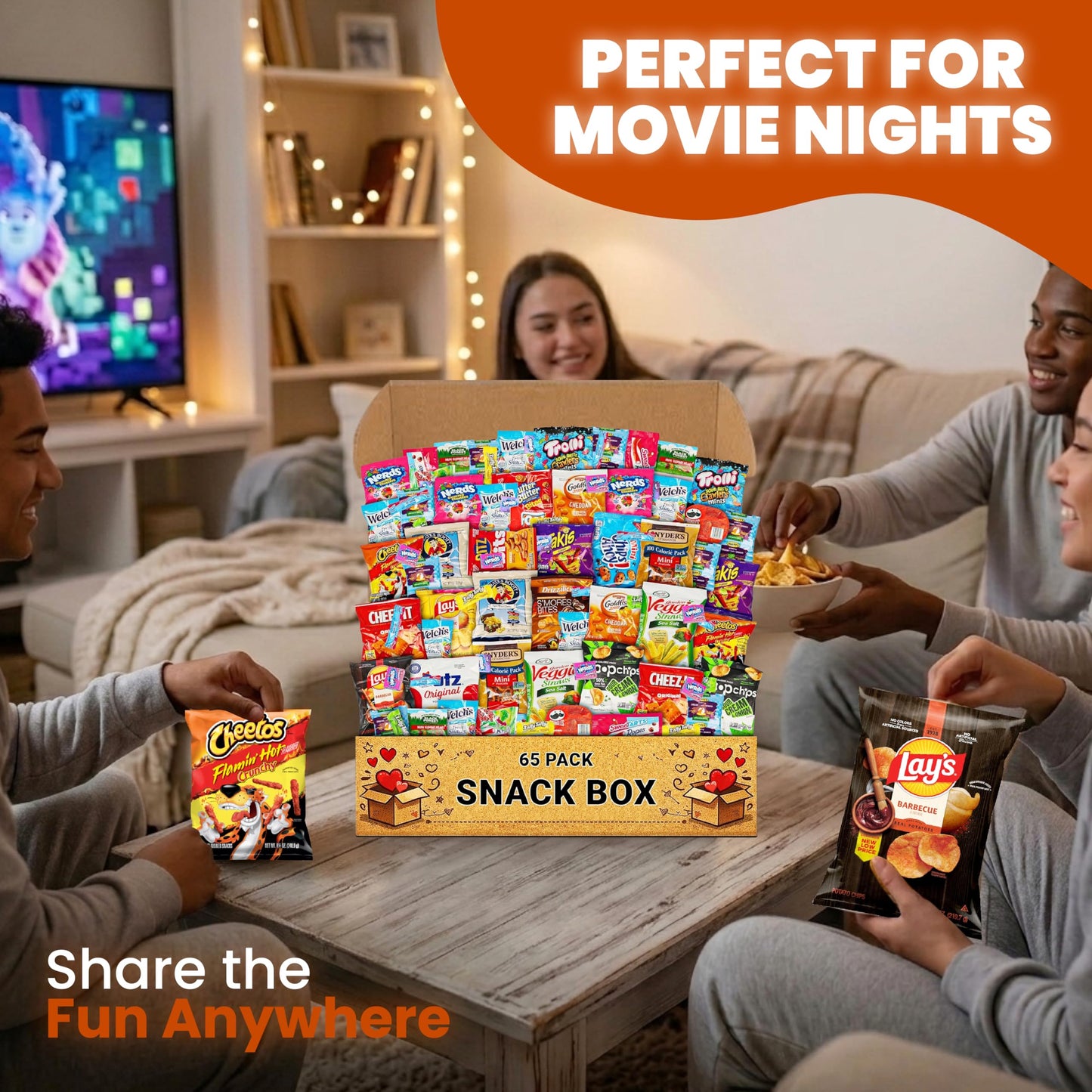 Snack Variety Care Package Gift Box, 65 Count Ready To Gift Assorted Snacks With Cookies Chips Bars Popcorn Crackers For Adults Kids Office Break Rooms School Snacks Camp Snack Gift Birthdays Welcome Gifts Get Well Soon Box