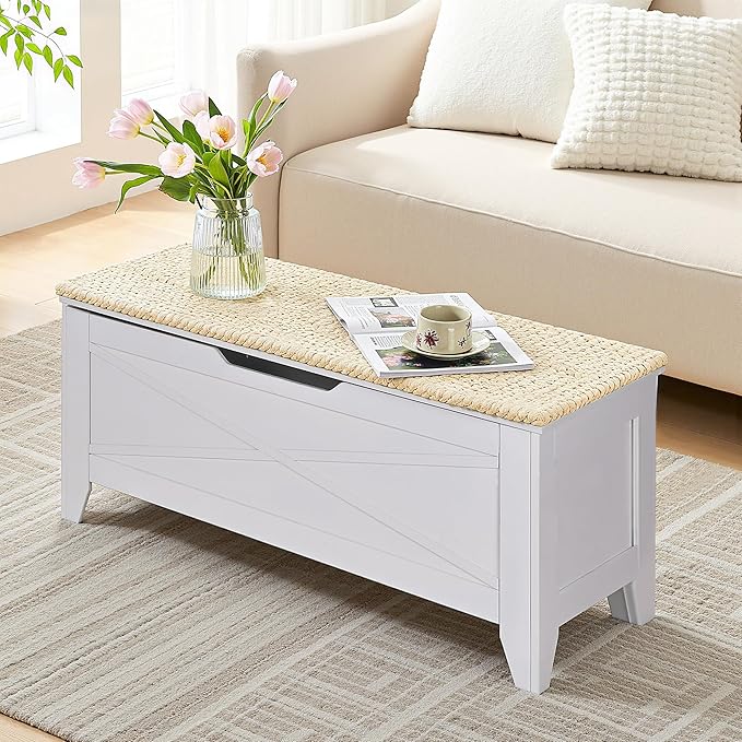VECELO 43.3" Storage Bench, Entryway Shoe Ottoman, Farmhouse Style Bench with Handwoven Cushion and Metal Safety Hinges, for Bedroom, Living Room, Entryway, White