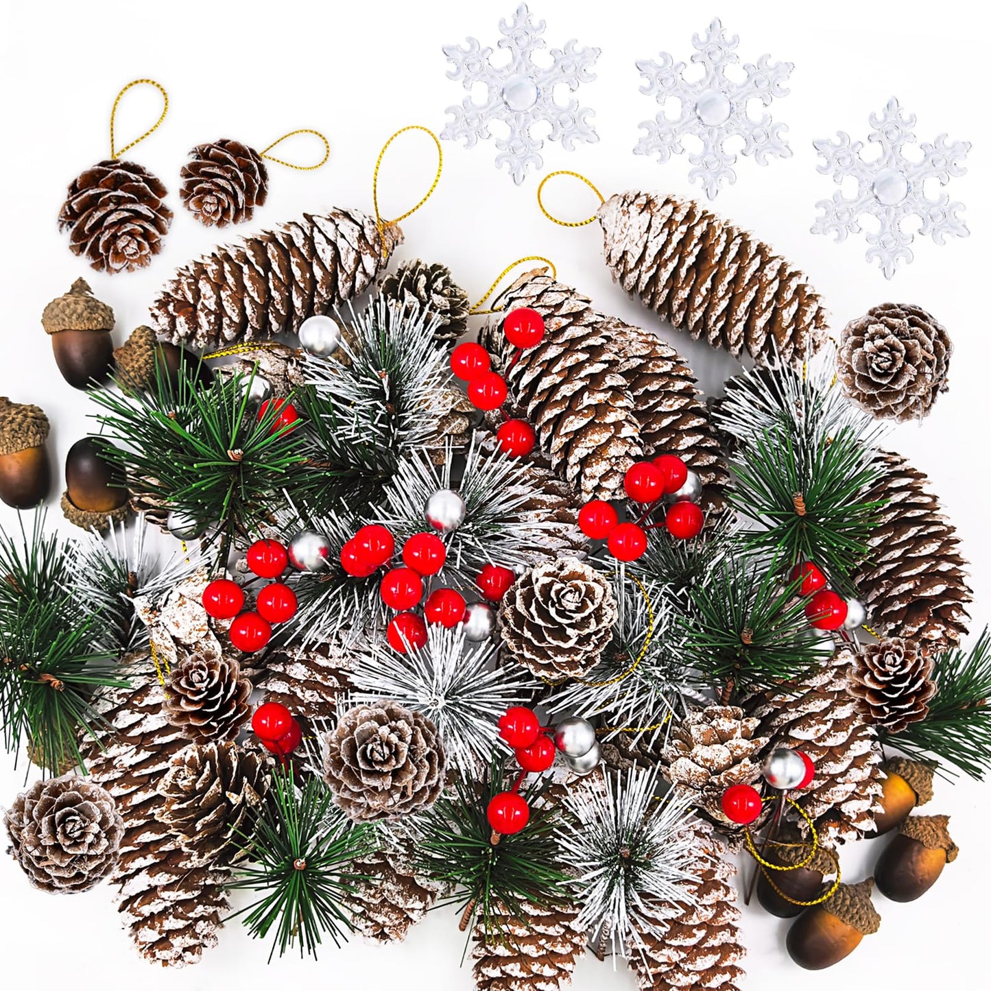 Christmas Decorations Pine Cones, 138PCS Natural Pinecones Berry Pine Branch Snowflake Set, White Christmas Ornaments Indoor Table Decor for Home Winter Decoration, Wreath Making Supplies