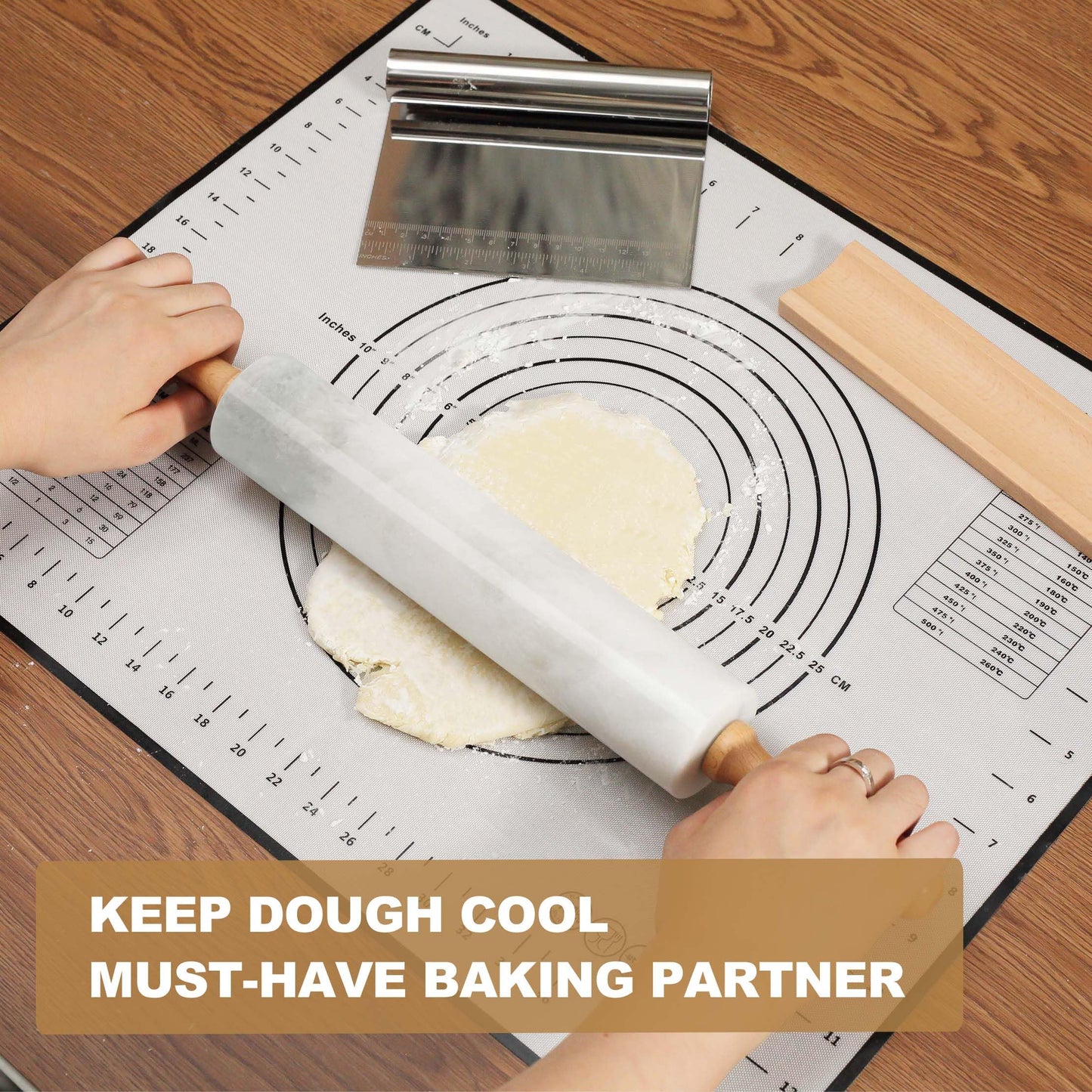 Koville African Natural Marble Rolling Pin, Non-Stick Polished Dough Roller, Pasta, Dumpling, Fondant, Pie Crust, Bread, Pizza Dough, Kitchen Baking Pastry Tools with Mat/Scraper（Namib Fantasy）