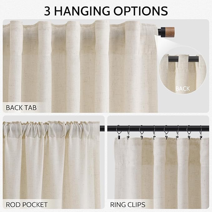 Birch Beige Linen 112 Inch Curtains for Living Room Light Filtering Semi Sheer Curtain Back Tab Modern Farmhouse Decor Elegant Coastal Drapes Floor to Ceiling High Window for Bedroom 52x112, 2 Panels