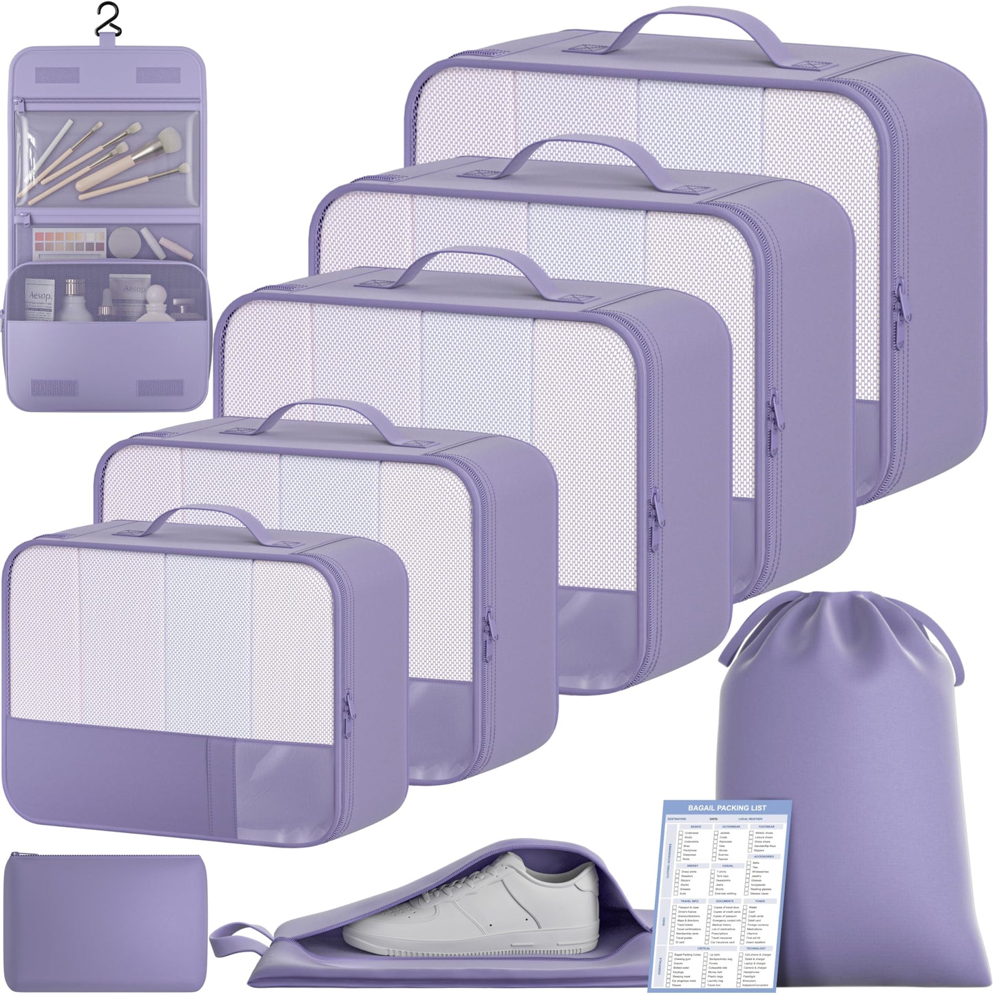 BAGAIL 9 Set Packing Cubes with Packing List Luggage Packing Organizers for Travel Accessories (Dusty Purple)