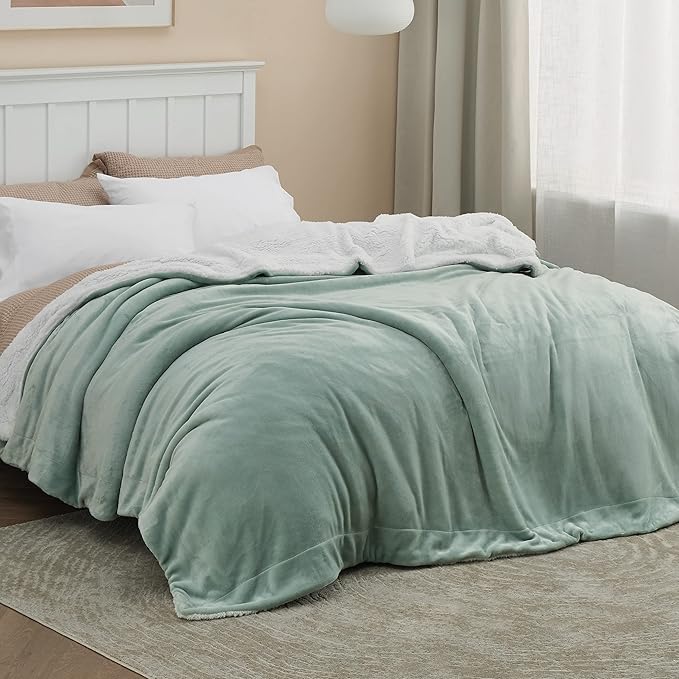 Bedsure GentleSoft Sherpa Fleece Blankets Queen Size for Bed - Thick and Warm, Soft Fuzzy Plush Queen Blanket for Winter, Sage Green, 90x90 Inches
