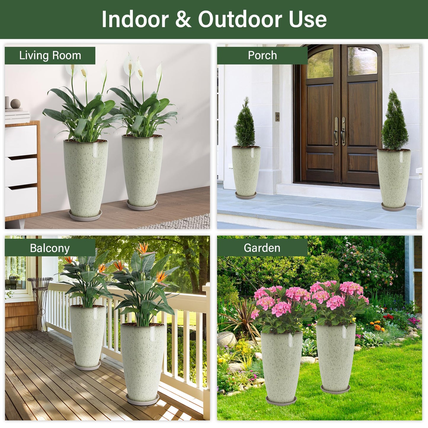 Neoaider Set of 2 Lightweight Ceramic-Look Tall Planter, 21 inch Large Plastic Planter with Drain Hole & Saucers, Large Outdoor Planters for Porch, Garden, Patio, Balcony(Drip Glaze)