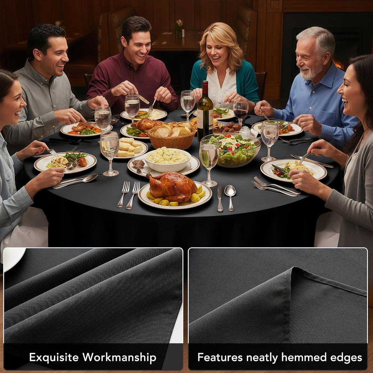 6-Pack Black Round Tablecloths, 120 Inches, Stain-Resistant Polyester for 5-6 Ft Round Tables - Washable Table Covers for Weddings, Banquets, Birthday Parties, Events