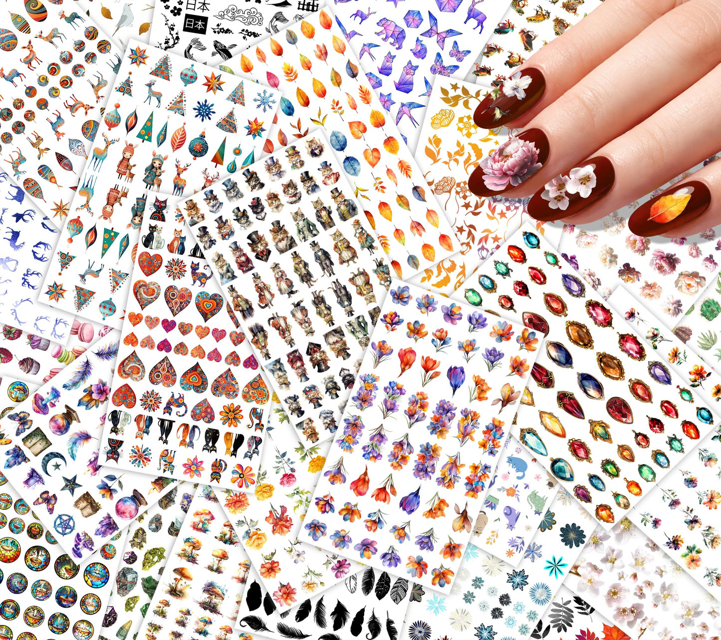 30 Sheets Nail Stickers Collection ~ Bright Floral Garden ~ Mixed Flowers Leaves Hearts and Decorative Elements in Vibrant Detailed Style Creating Fresh Lively Manicure Decals