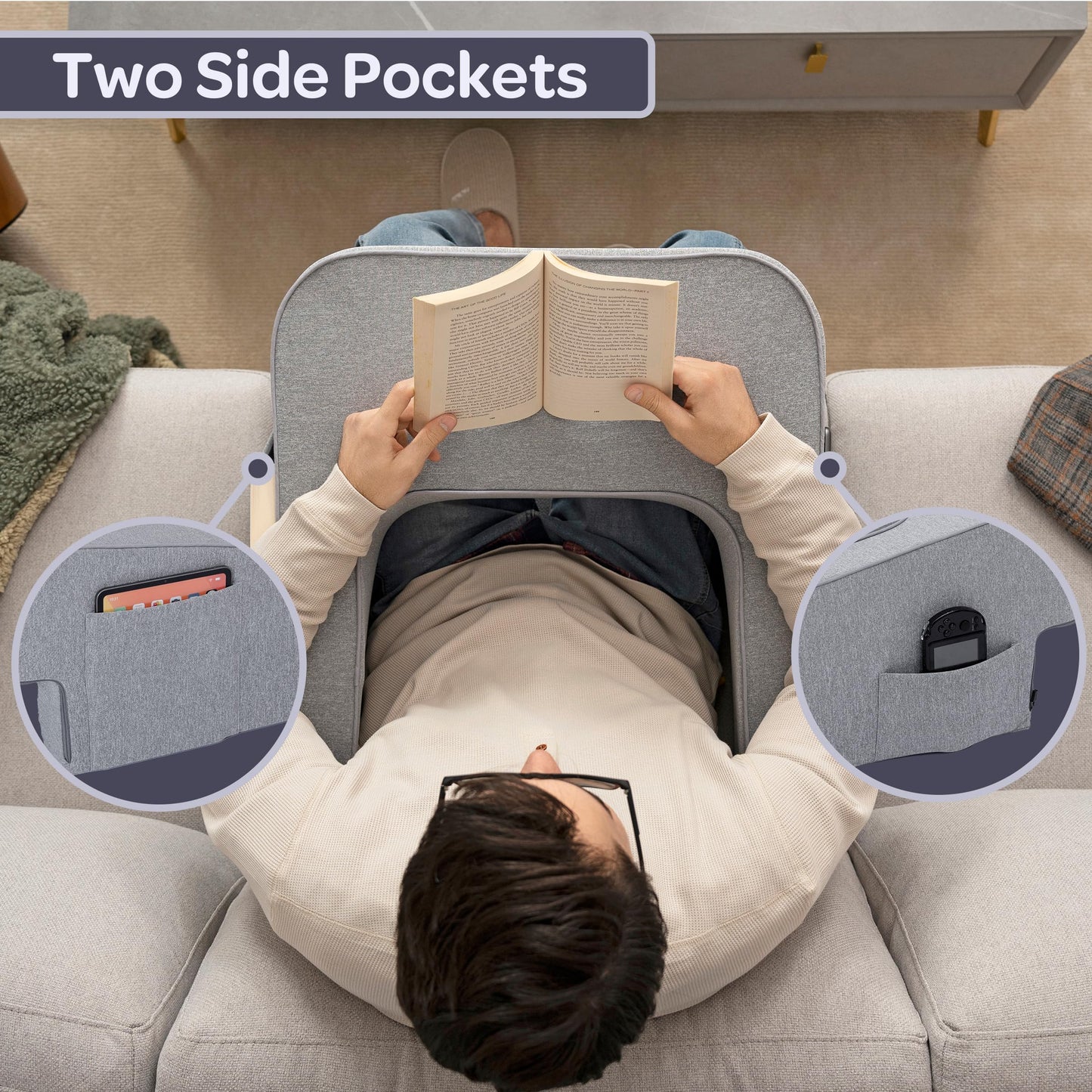 Lavish Home Reading Pillow for Gaming - Lap Desk Pillow with Arm Rests, Storage Pockets, and Removable Washable Cover - Laptop Pillow for Reading, Gaming, Studying, and Working (Gray)