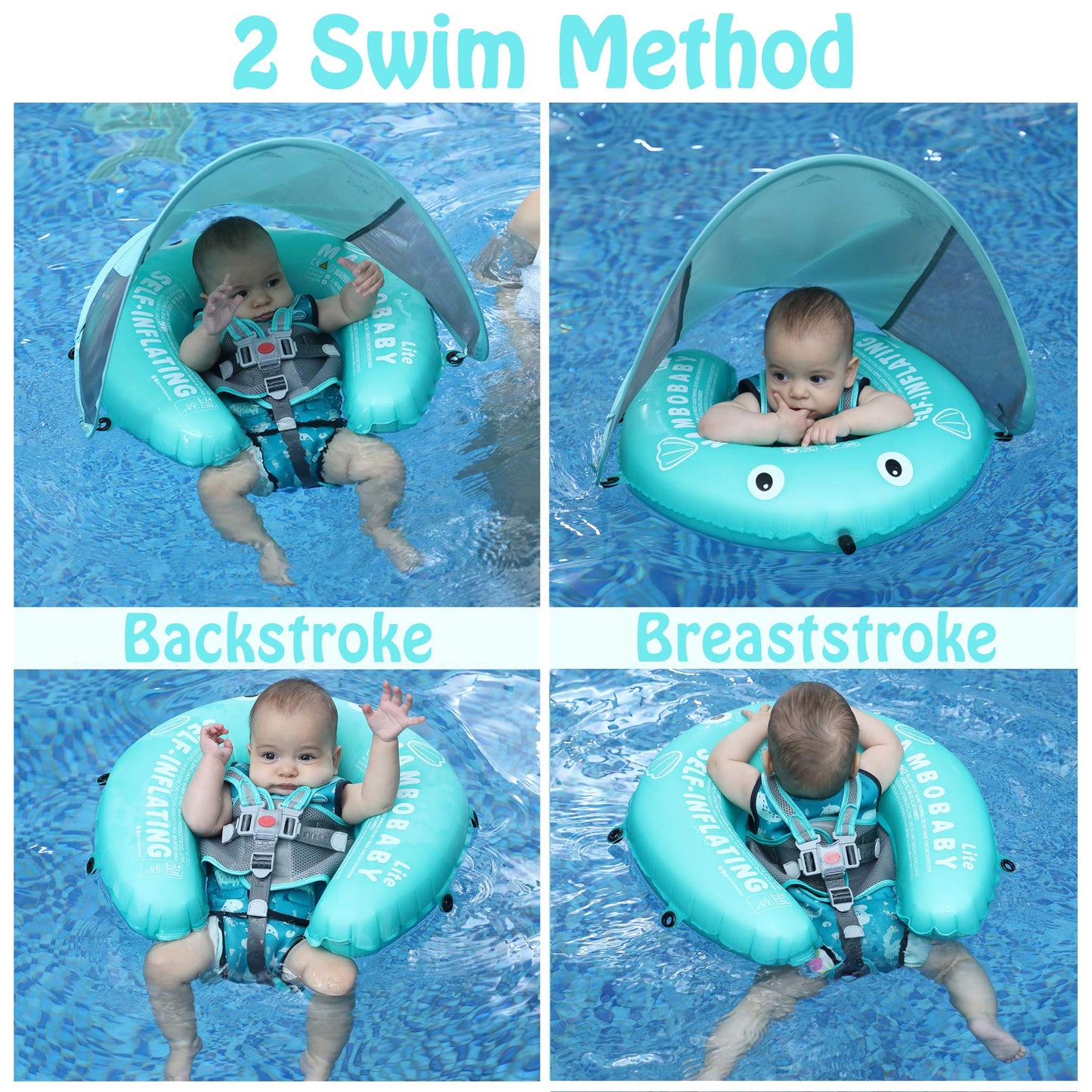 Mambobaby Float Self-Inflating Baby Swim Float with Canopy, Compressible Folding Pool Baby Float, Upgrade Soft Waterproof Skin-Friendly Material Toddler Swim Float (Standard Edition)